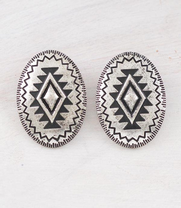 Western Aztec Post Back Earrings - Silver