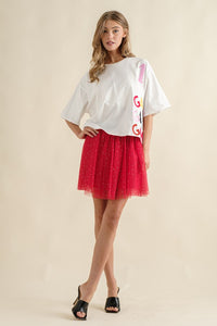 ELASTIC WAIST TULLE MESH MINI SKIRT - RED