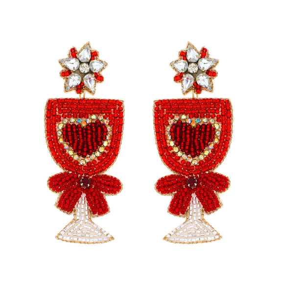 RED JEWELED WINE GLASS BEADED VALENTINE EARRINGS