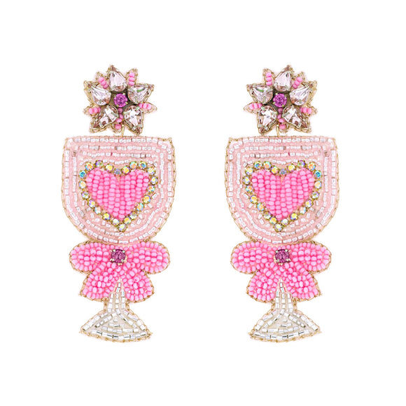 PINK JEWELED WINE GLASS BEADED VALENTINE EARRINGS