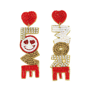 WHITE SMILEY FACE LOVE MORE BEADED LONG DROP EARRINGS