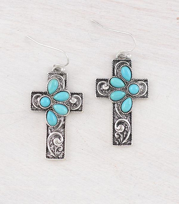 Western Turquoise Cross Hook Earrings