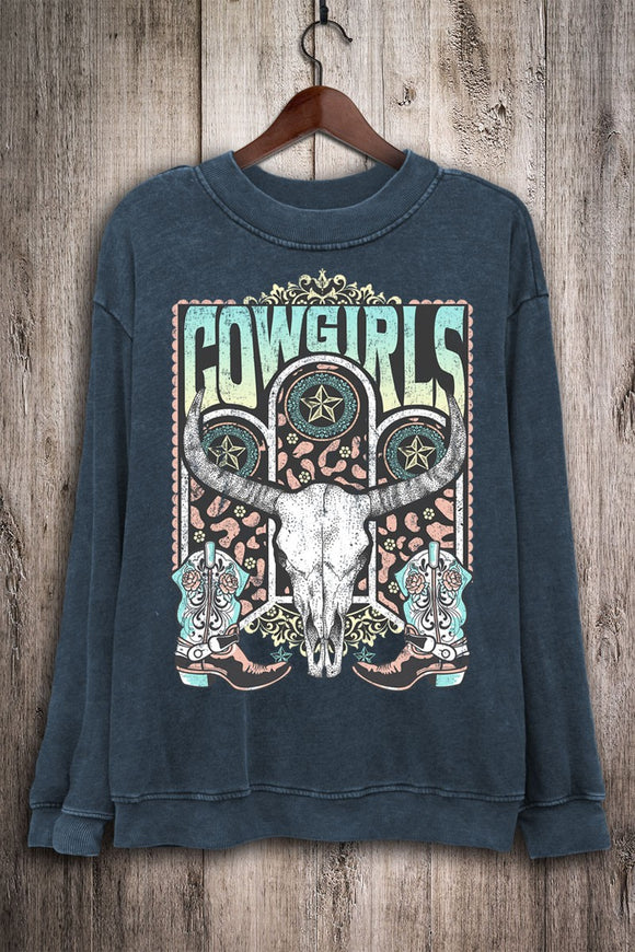COWGIRLS COW SKULL MINERAL GRAPHIC SWEATSHIRTS - MINERAL NAVY