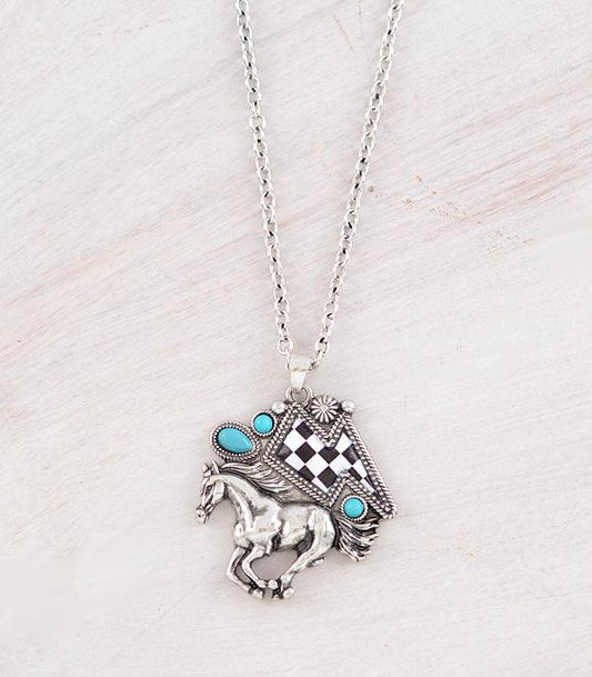 WESTERN CHECKERED HORSE AND LIGHTNING BOLT NECKLACE