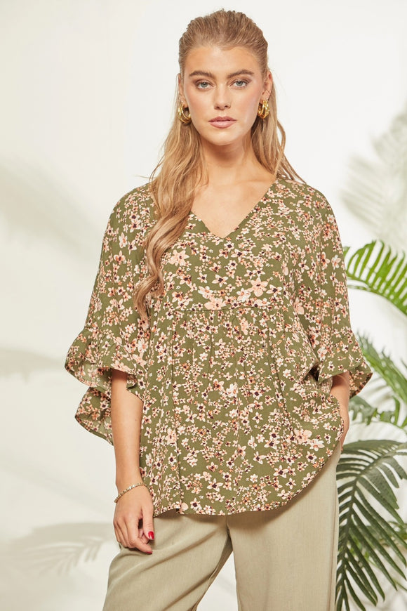 V NECKLINE FLORAL PRINT PONCHO TOP - OLIVE MULTI COLOR