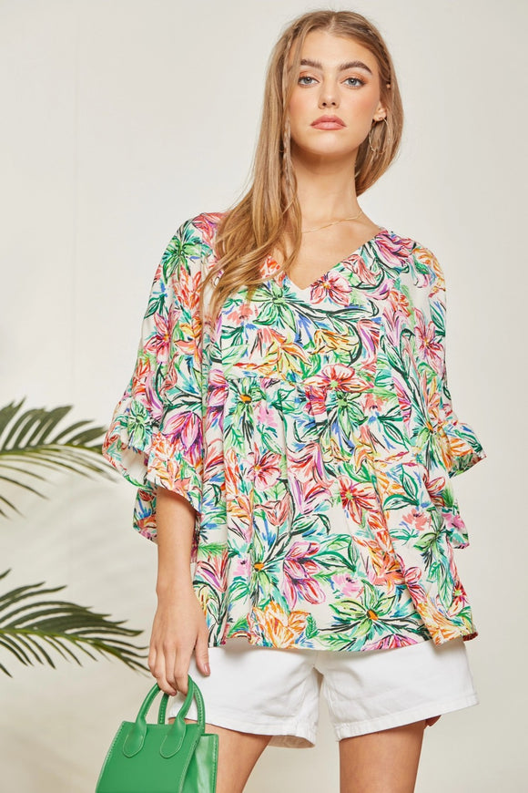 V NECKLINE FLORAL PRINT TOP - GREEN MULTI