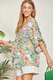 V NECKLINE FLORAL PRINT TOP - GREEN MULTI
