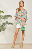 V NECKLINE FLORAL PRINT TOP - GREEN MULTI