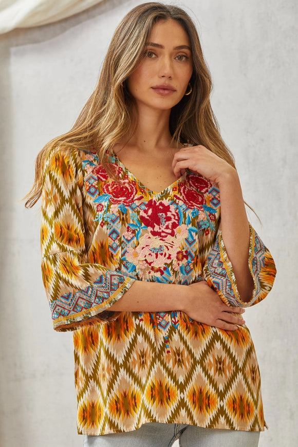 V NECKLINE EMBROIDERY BELL SLEEVE TOP - OLIVE MARIGOLD