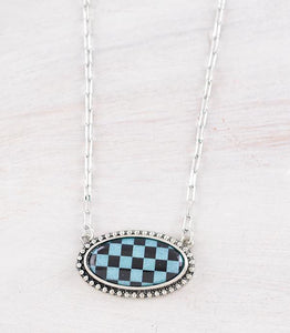 WESTERN CHECKERED TURQUOISE AND WHITE PENDANT NECKLACE