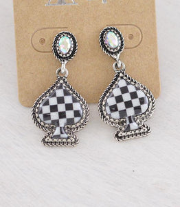 WESTERN CHECKERED SPADE AB STONE POST EARRINGS