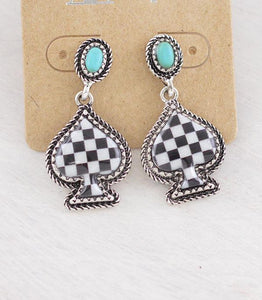 WESTERN CHECKERED SPADE TURQUOISE STONE POST EARRINGS