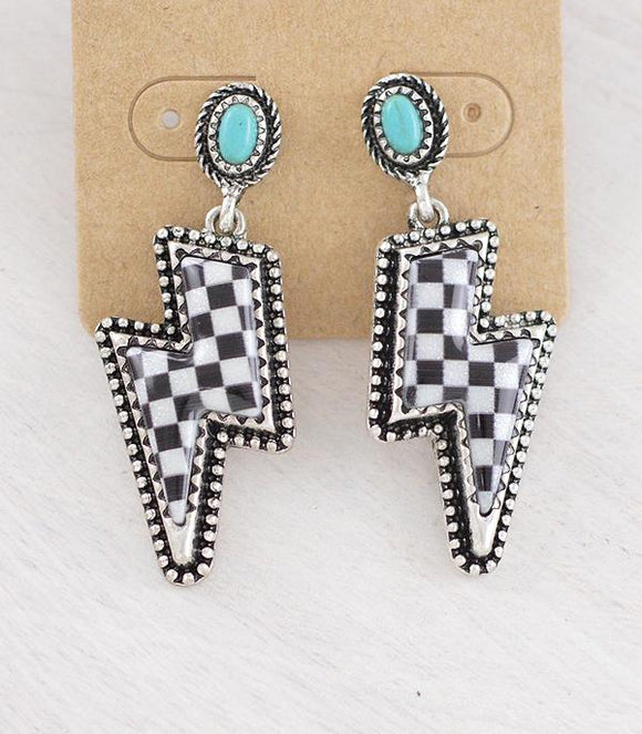 WESTERN CHECKERED BOLT TURQUOISE STONE POST EARRINGS