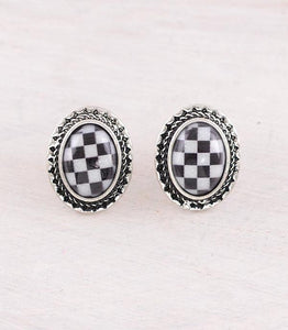 WESTERN CHECKERED OVAL EARRINGS