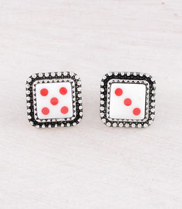 WESTERN WHITE DICE POST EARRINGS - RED