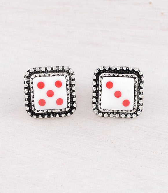 WESTERN WHITE DICE POST EARRINGS - RED