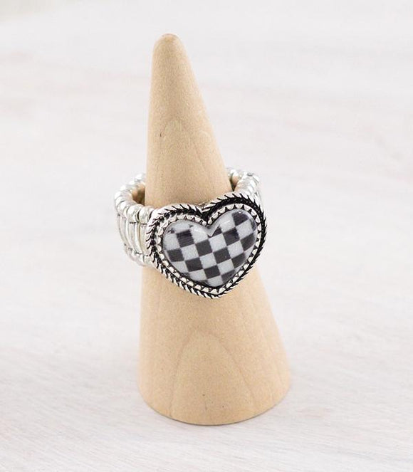 WESTERN CHECKERED HEART STRETCHY RING