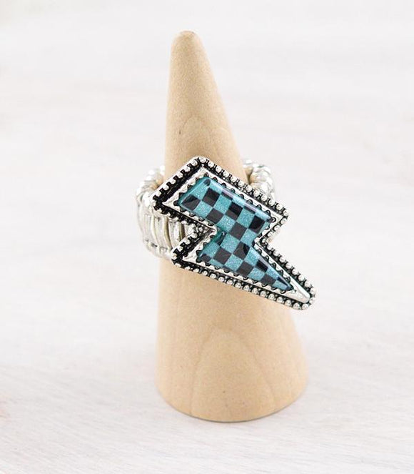 WESTERN CHECKERED TURQUOISE BOLT STRETCHY RING