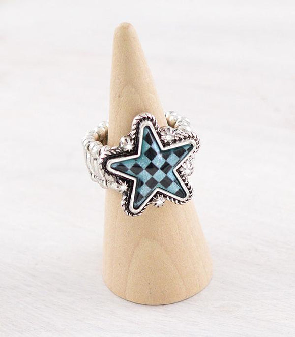 WESTERN CHECKERED TURQUOISE STAR STRETCHY RING