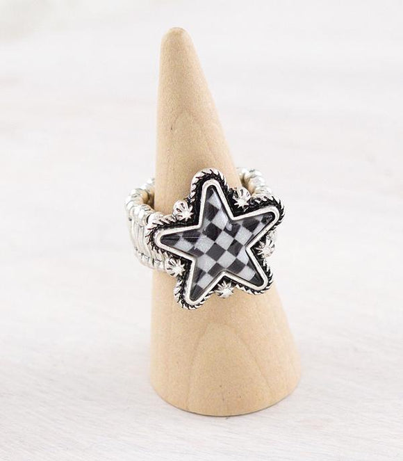 WESTERN CHECKERED STAR STRETCHY RING