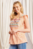 AZTEC EMBROIDERY SHORT SLEEVE TOP - APRICOT MULTI