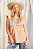 AZTEC EMBROIDERY SHORT SLEEVE TOP - APRICOT MULTI
