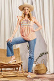AZTEC EMBROIDERY SHORT SLEEVE TOP - APRICOT MULTI