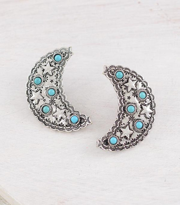 WESTERN STAR AND MOON POST BACK EARRINGS