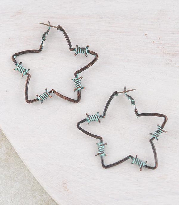 WESTERN PATINA HOOP BARBWIRE STAR EARRINGS