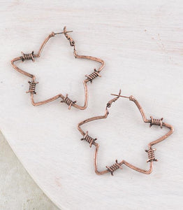 WESTERN COPPER HOOP BARBWIRE STAR EARRINGS