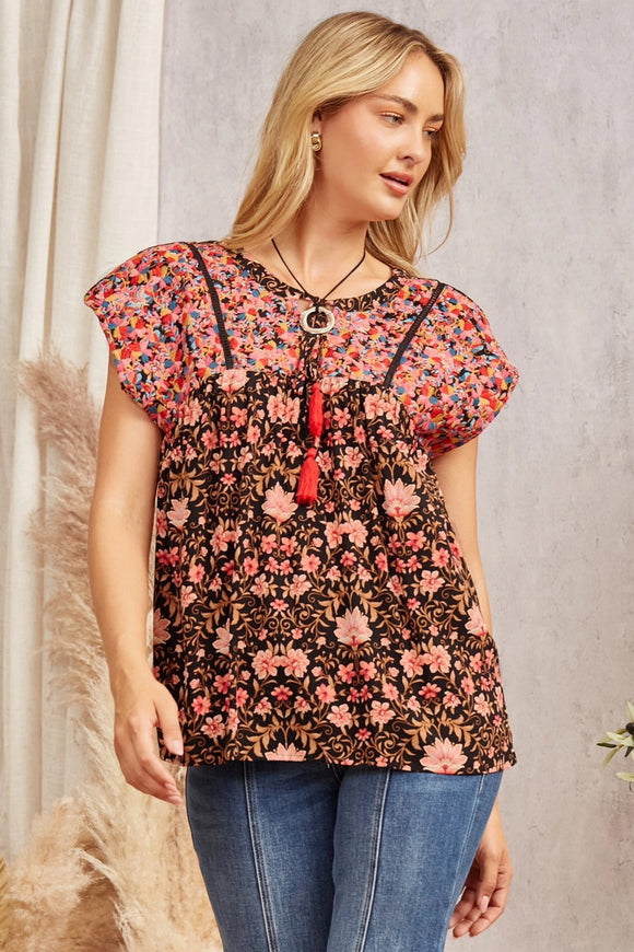 TASSEL FRONT EMBROIDERY BABYDOLL TOP - BLACK MULTI