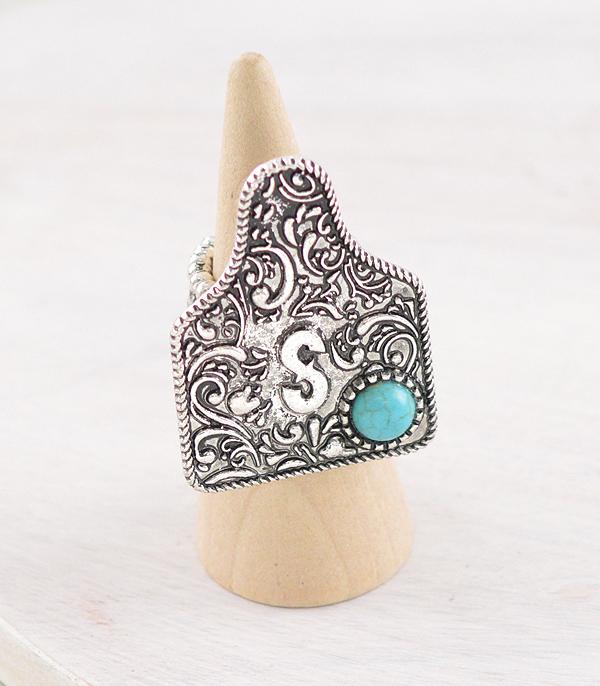 CATTLE TAG INITAL STRETCHY SILVER RING