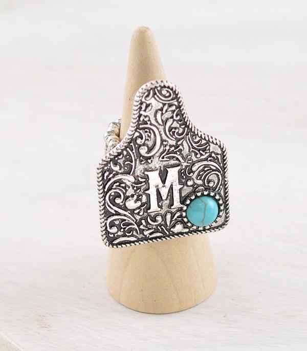 CATTLE TAG INITAL STRETCHY SILVER RING