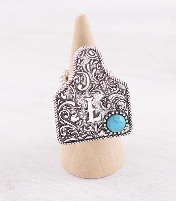 CATTLE TAG INITAL STRETCHY SILVER RING