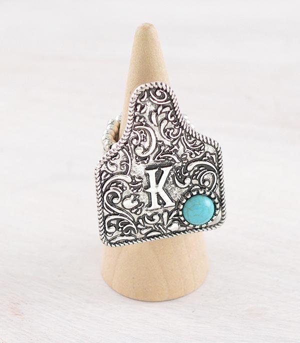 CATTLE TAG INITAL STRETCHY SILVER RING