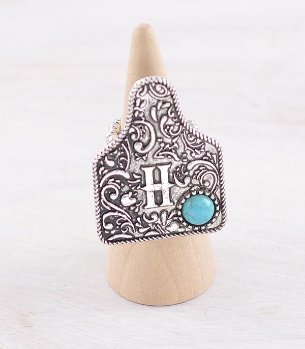 CATTLE TAG INITAL STRETCHY SILVER RING