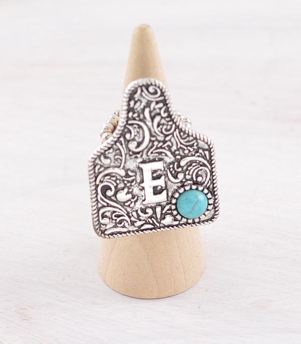 CATTLE TAG INITAL STRETCHY SILVER RING