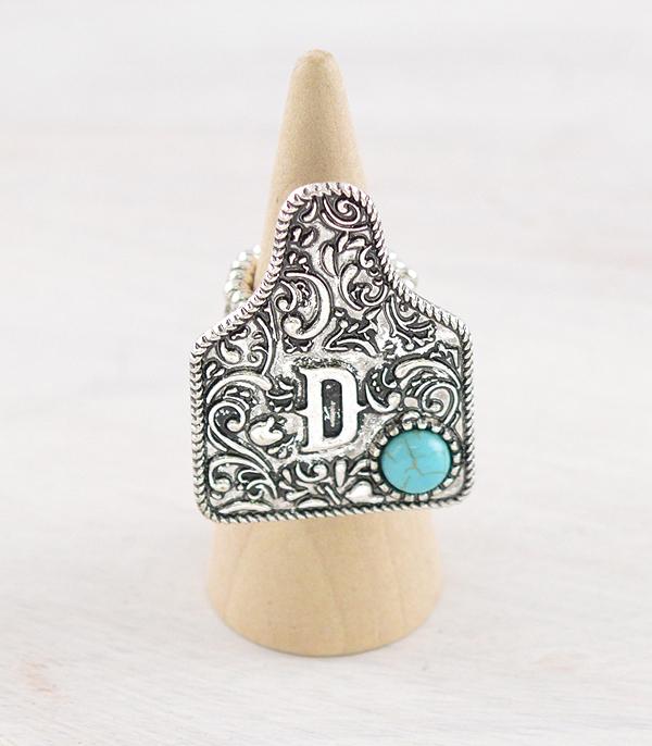 CATTLE TAG INITAL STRETCHY SILVER RING
