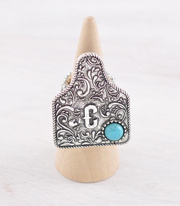 CATTLE TAG INITAL STRETCHY SILVER RING