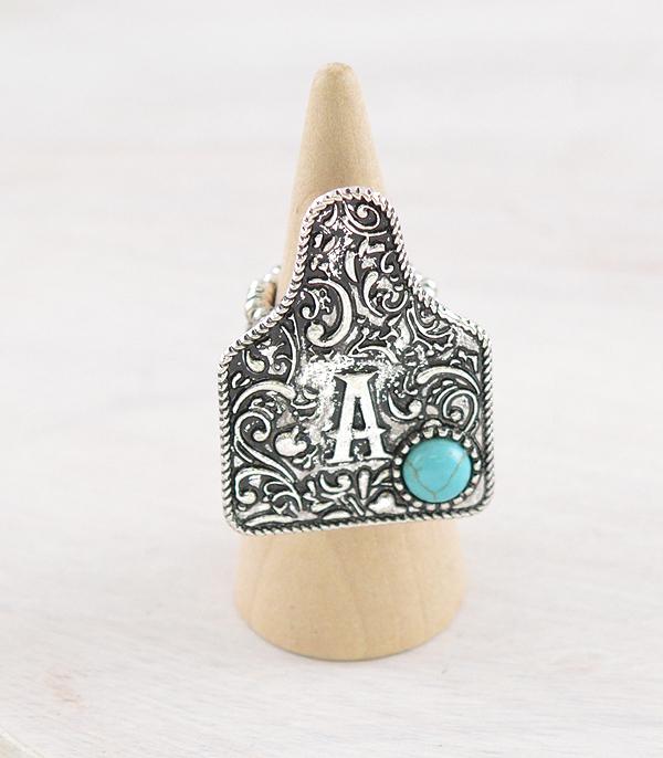 CATTLE TAG INITAL STRETCHY SILVER RING