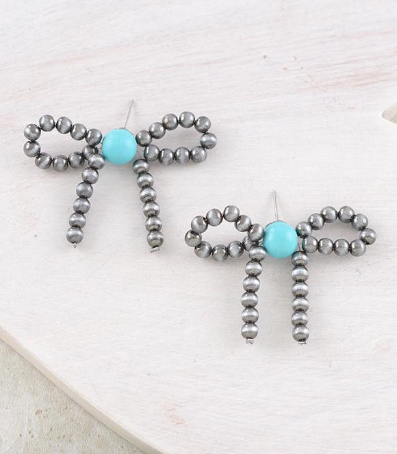 Western Turquoise/Silver Faux Navajo Pearl Bead Bow Earrings