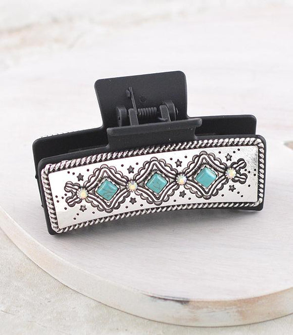 Western Turquoise Hair Claw Clip - Silver/Black