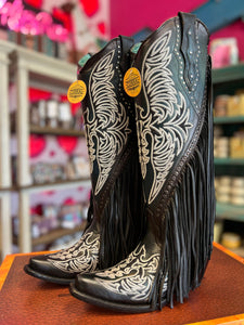 CORRAL WOMEN'S BLACK EAGLE EMBROIDERY & STUDS & FRINGES TALL TOP WESTERN BOOT - C4159