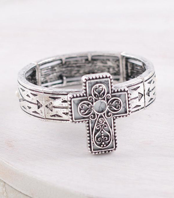 Western Semi Stone Cross Stretch Bracelet - Howlite