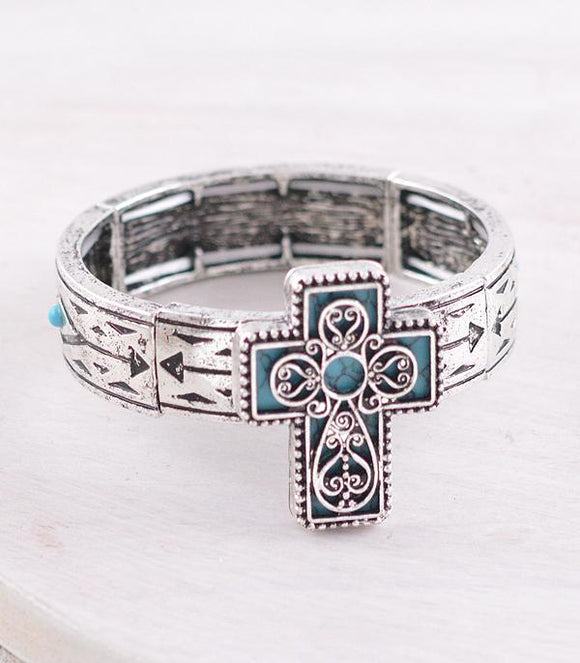 Western Semi Stone Cross Stretch Bracelet - Turquoise