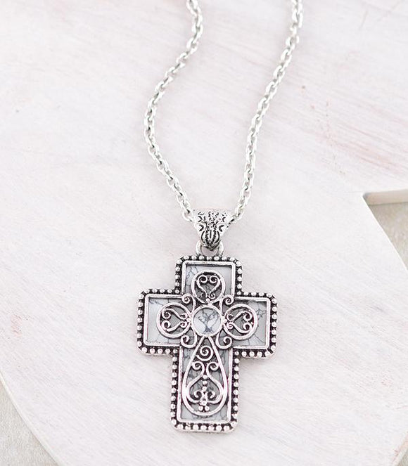Western Cross Semi Stone Pendant Necklace - Howlite