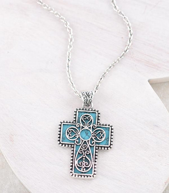 Western Cross Semi Stone Pendant Necklace - Turquoise