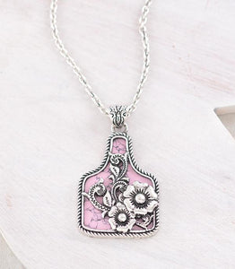 Western Cattle Semi Stone Tag Pendant Necklace - Pink