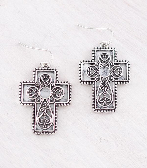 Western Filigree Cross Stone Hook Earrings - Howlite