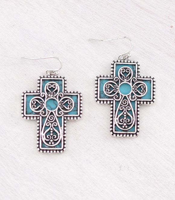 Western Filigree Cross Stone Hook Earrings - Turquoise